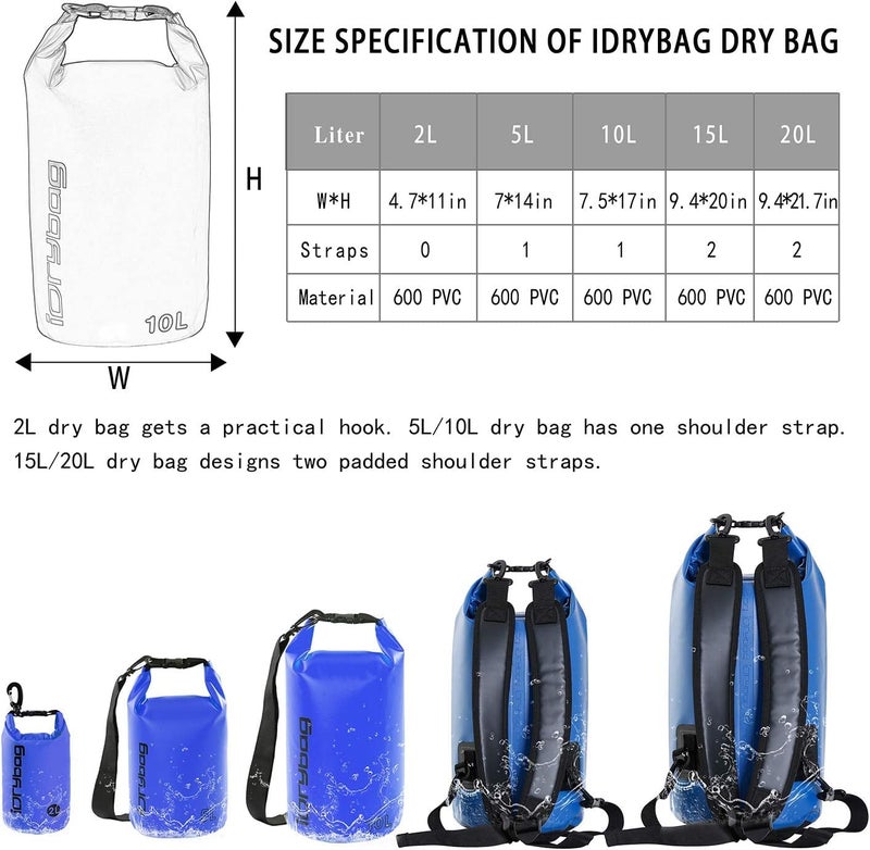 IDRYBAG Dry Bag for Kayaking Waterproof 2L/5L/10L/15L/20L, Small Dry Sack Waterproof Bag for Boating - Image 3
